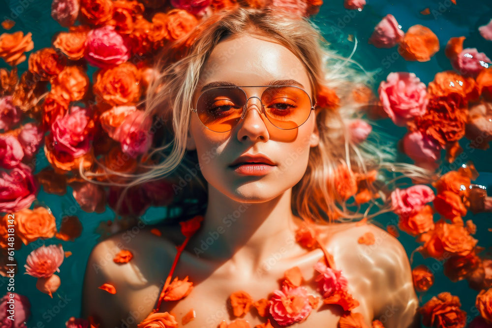 portrait of beauty girl in sunglasses swimming in pool surrounded by petals of flowers. resort concept. generative AI portrait of beauty girl in sunglasses swimming in pool surrounded by petals of flowers. resort concept. generative AI