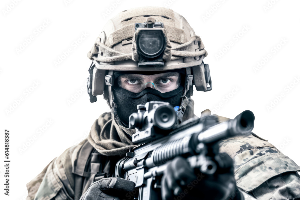 a american military army special force soldier with camouflage helmet and a rifle gun in his hands shootoing shots. isolated without background. transparent png. Generative AI