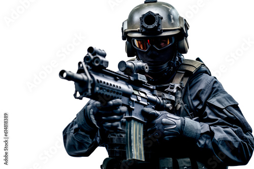 a american military army special force soldier with camouflage helmet and a rifle gun in his hands shootoing shots. isolated without background. transparent png. Generative AI photo