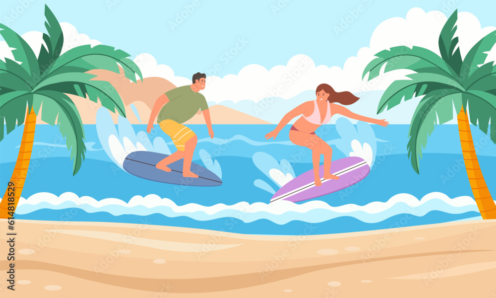 Summer seascape with palm trees, man, woman surfing on waves. People surfer in swimwear on active sport. Horizontal background with scenery view ocean. Vector illustration flat style