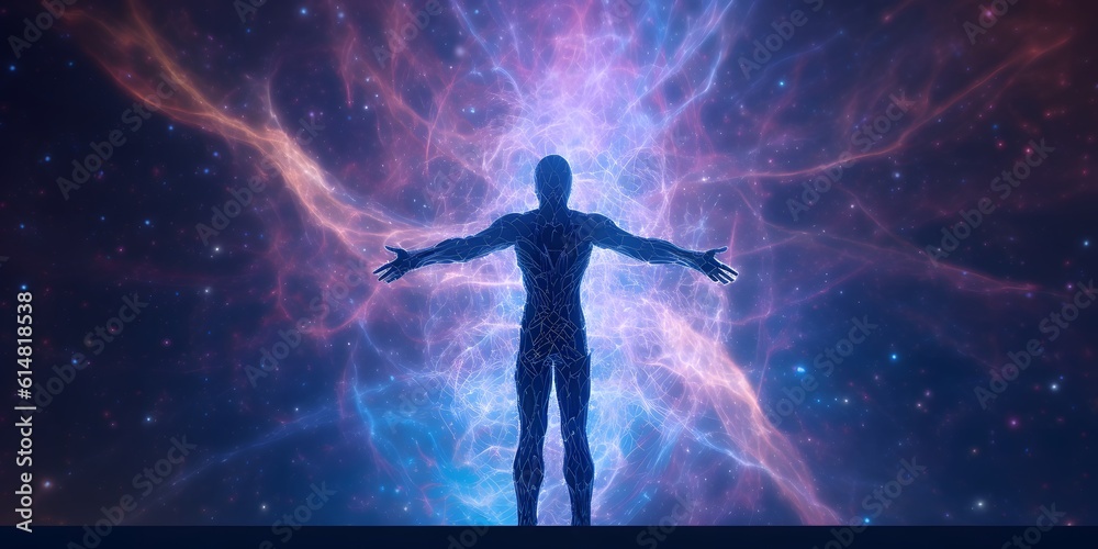 Astral body silhouette with abstract space background,digital illustration generative AI