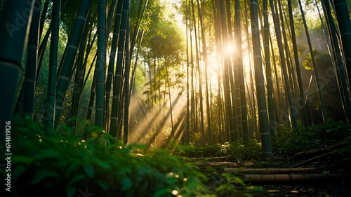 A mystical bamboo forest with beauty sunlight  serene atmosphere. Generative AI