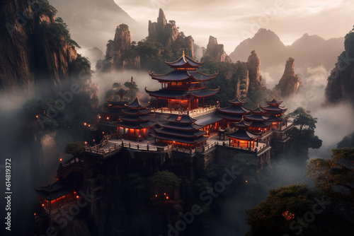 A serene and spiritually significant Japanese Zen temple situated on a majestic mountain  offering a tranquil sanctuary for reflection and meditation. Ai generated