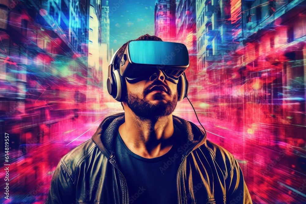 Modern man face in virtual reality glasses isolated on neon background AI Modern man face in virtual reality glasses isolated on neon background AI