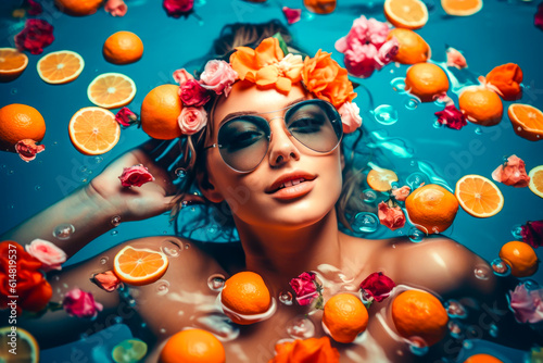 Beautiful Girl Floating On Water With Fresh Tropical Fruits. Resort, spa concept. Generative AI. 