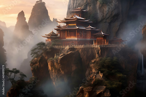 A serene and spiritually significant Japanese Zen temple situated on a majestic mountain, offering a tranquil sanctuary for reflection and meditation. Ai generated