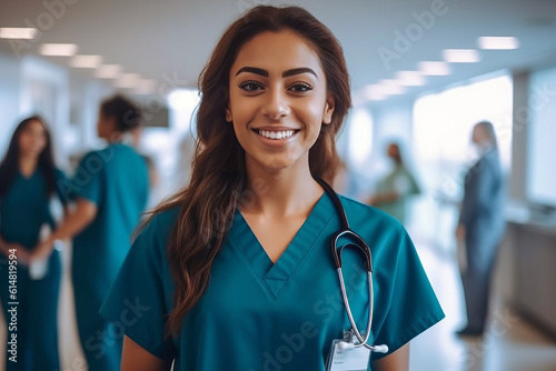 Smiling woman in medical uniform standing in hospital corridor. Created with AI.