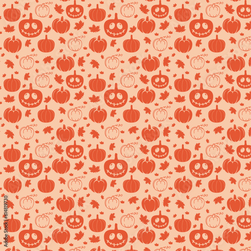 Seamless Halloween pattern , cheerful pumpkins , bone , cute scary ghost , eyes with a smile , autumn leaves , decorative holiday pattern 