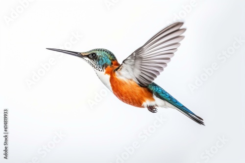 Bird (either hummingbird or kingfisher) on white background. Generative AI