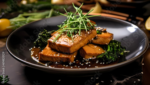 Sauteed marinated tofu with Nori  mixed Breton Algae  kale sprouts and steamed rice-Generative AI