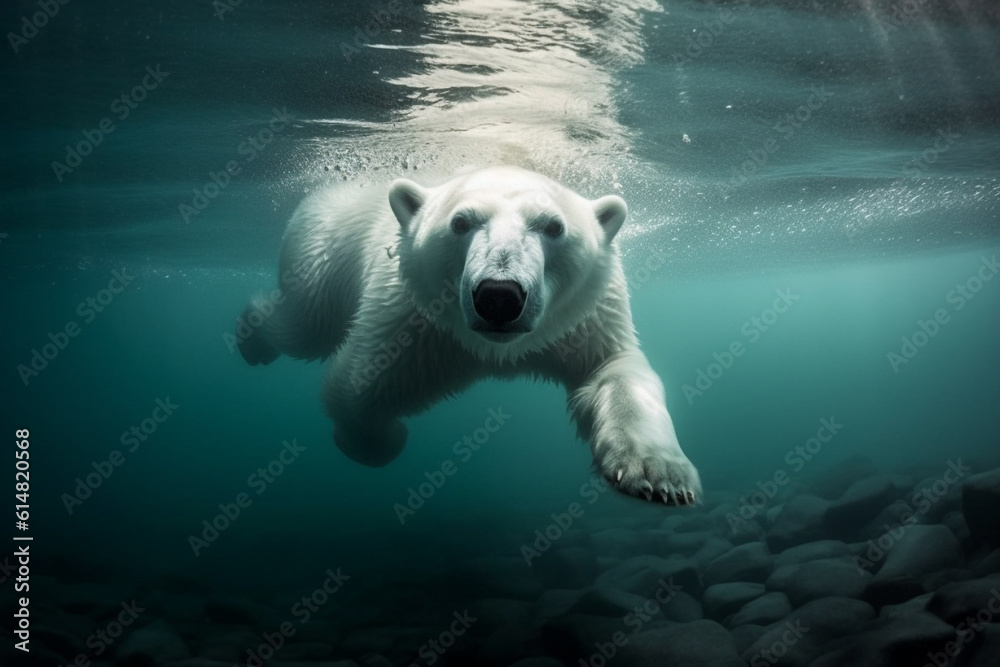 Obraz premium A captivating sight of a polar bear gracefully swimming in the icy waters, showcasing its adaptability and strength in its natural habitat. Ai generated