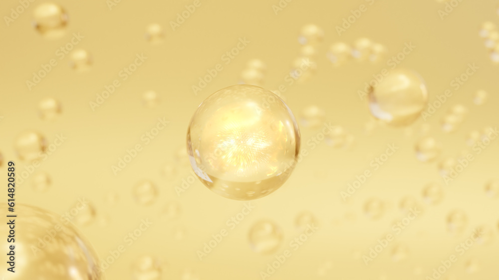 3D cosmetic rendering Bubbles of Golden Serum on a blurred background. Design of collagen bubbles. The concept for Moisturizing Cream and Serum. Vitamins for beauty and personal care.