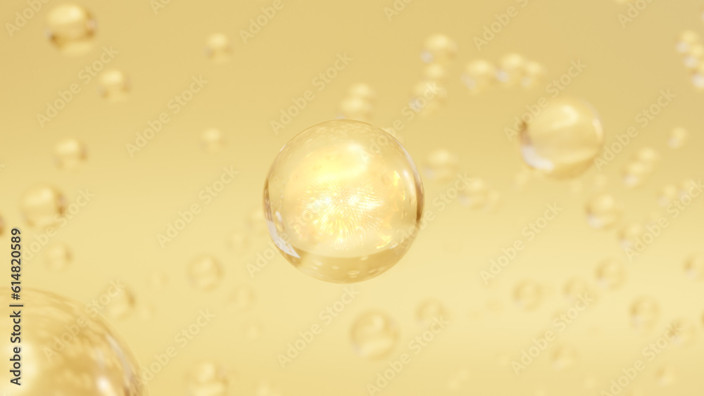 3D cosmetic rendering Bubbles of Golden Serum on a blurred background. Design of collagen bubbles. The concept for Moisturizing Cream and Serum. Vitamins for beauty and personal care. 3D cosmetic rendering Bubbles of Golden Serum on a blurred background. Design of collagen bubbles. The concept for Moisturizing Cream and Serum. Vitamins for beauty and personal care.
