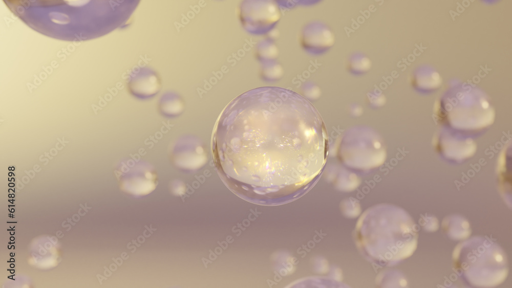 liquid bubbles with a bright background. Design of collagen bubbles. The concept for Moisturizing Cream and Serum. Concept of vitamins for beauty and personal care. 3D rendering