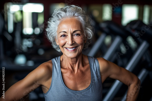 Portrait of a happy senior woman exercising in the gym. High quality photo