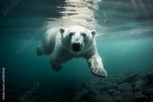 A captivating sight of a polar bear gracefully swimming in the icy waters, showcasing its adaptability and strength in its natural habitat. Ai generated © dragomirescu
