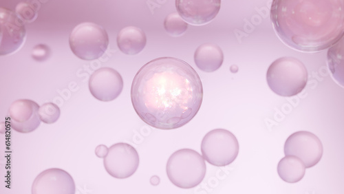 3D cosmetic rendering of Pink Bubbles of serum on a blurry background. Design of collagen bubbles. The concept  for Moisturizing Cream and Serum.  