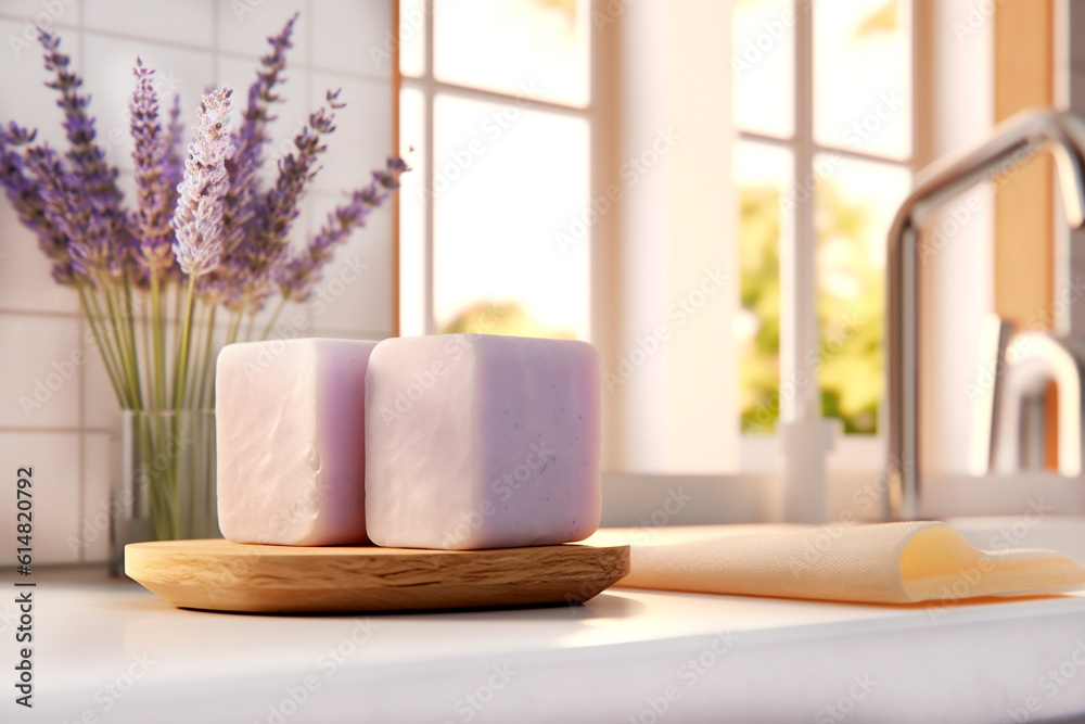 Handmade organic lavender soap in a trendy bathroom with beautiful light. Trendy design. Generative Ai content.