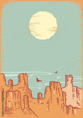 American desert landscape. Vector wild west canyon background on vintage old poster for text or design. Canyon sky horizont with sun