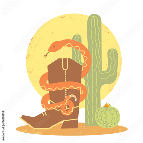 Cowboy boot and snake on old paper cactuses American desert background. Vector cartoon wild west poster illustration with green cactuses and sun photo