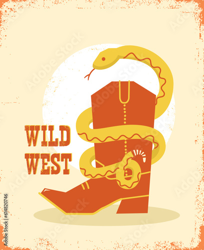 Cowboy boot and snake on old paper background. Vector cartoon wild west illustration with snake , cowboy boots and text