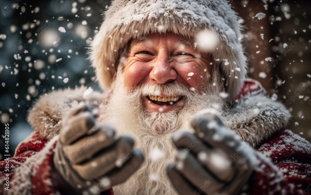 Joyful Santa Claus laughs under the lightly falling snow Joyful Santa Claus laughs under the lightly falling snow