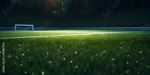 Green soccer field, bright spotlights