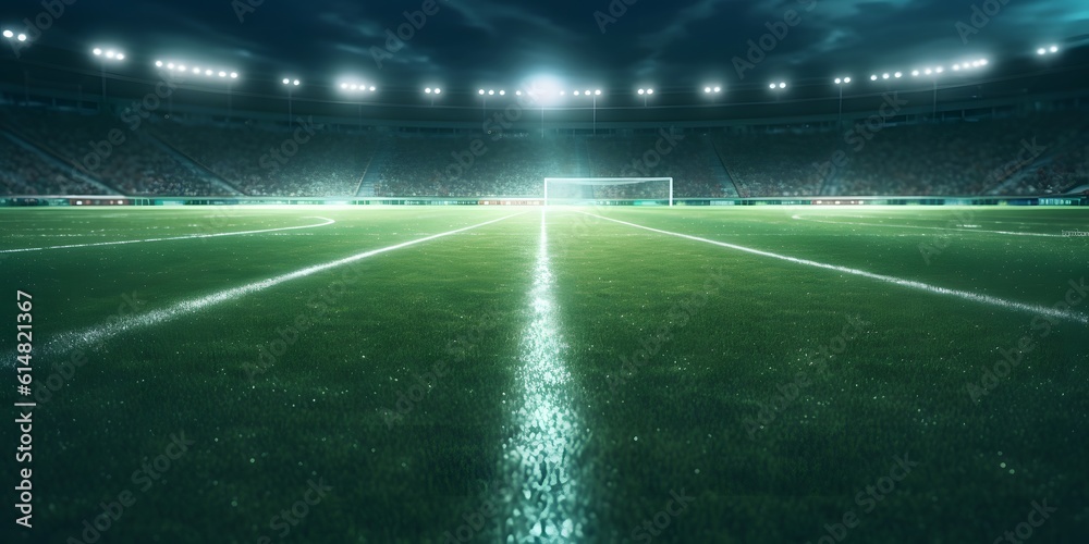 Green soccer field, bright spotlights Green soccer field, bright spotlights