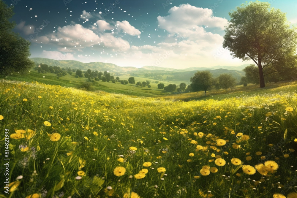 A picturesque scene of a vibrant and abundant green field adorned with charming dandelions, offering a serene and enchanting view of nature's beauty. Ai generated