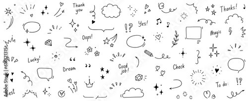 Doodle cute star, sparkle pen line elements. Doodle heart, emphasis, star, sparkle decoration symbol set icon. Simple sketch line style emphasis, glitter, pattern elements. Vector illustration.