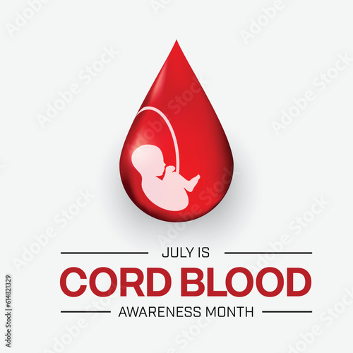 Cord Blood Awareness Month design with an illustration of baby with umbilical cord in womb with bold red texts on white background. Vector illustration