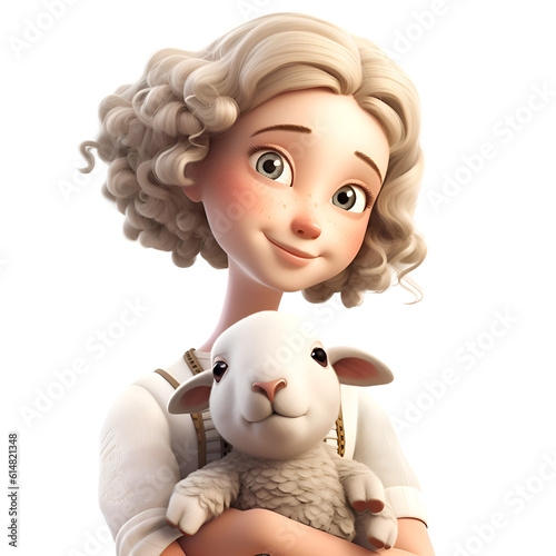 3d render of a cute little girl with a sheep on a white background