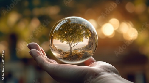 A hand holding crystal ball for eco friendly or sustainable resources concept. Saving environment from global warming.