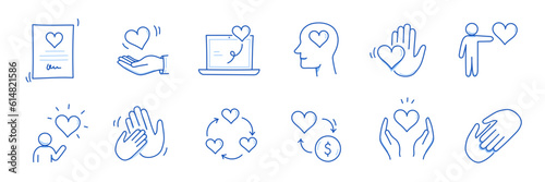 Charity hand, heart, community love doodle line icon. Charity community trust, partnership, people solidarity concept icon set. Hand drawn doodle sketch style line. Vector illustration.