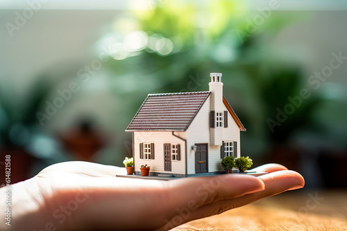 Hand holding house model on green background. Home Insurance and Real estate investment. Mortgage, home loan. Generative AI