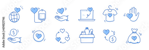 Charity hand, money, care heart doodle line icon. Charity donate, support, blood donor concept icon set. Volunteer heart, donate food hand drawn doodle sketch style line. Vector illustration