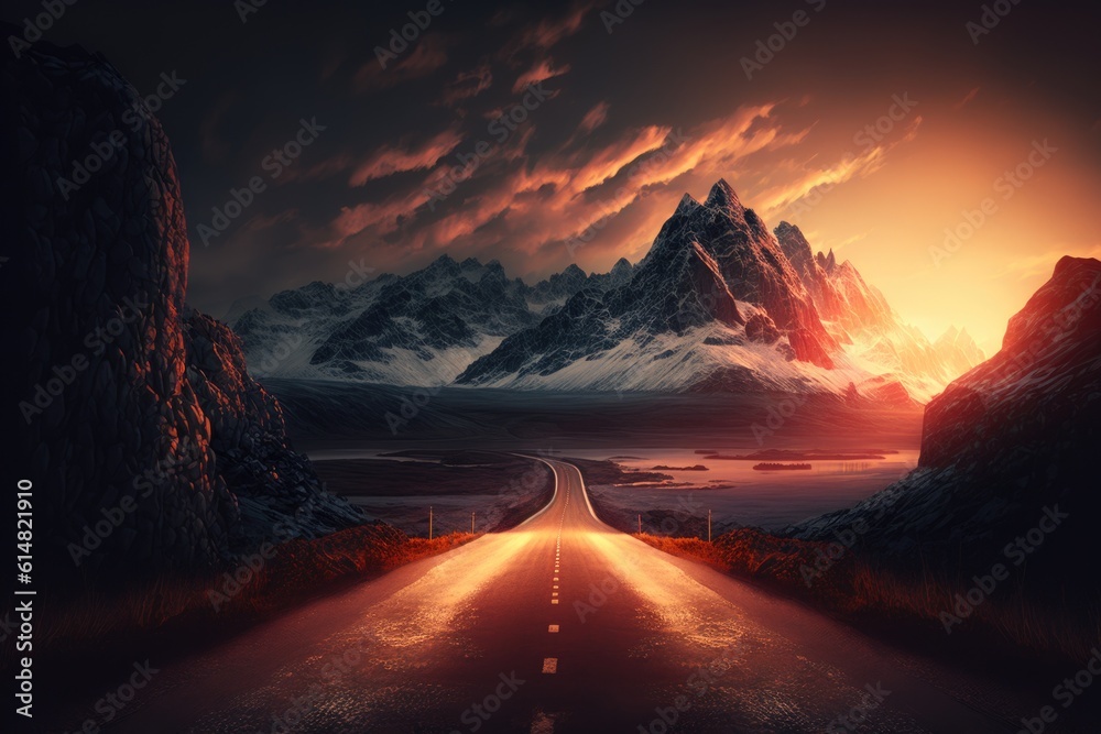 Asphalt road through the mountains at sunset