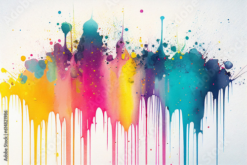 Rainbow coloful watercolor dripping paint  paint splashes with drips  paper textured background