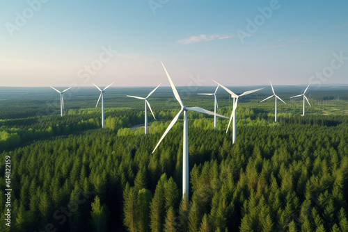 Wind turbine in the field, Harnessing Nature's Breath: A Captivating Photograph of a Wind Farm Amidst a Sunny Green Landscape, Where Elegant Turbines Embrace the Promise of Renewable Energy photo