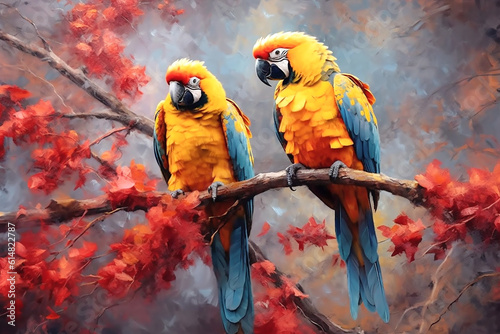 Two large yellow and blue parrots siting on a branch. Generative AI © voisine574