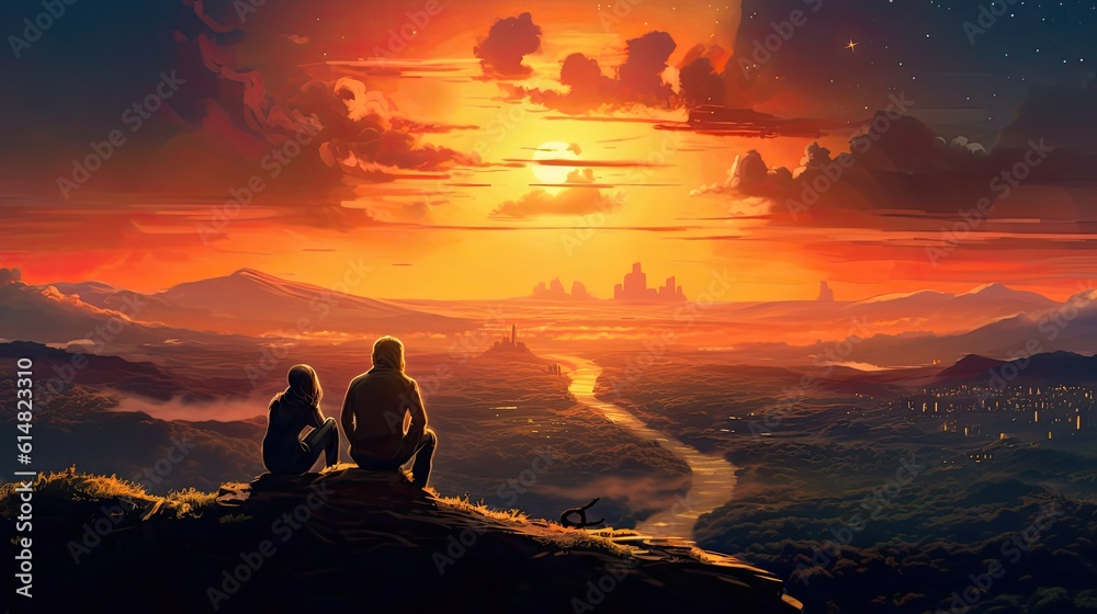 Two people sit atop a hill, embracing the serenity of nature. The vast expanse of the landscape stretches out before them, painted in soft hues of sunset. 