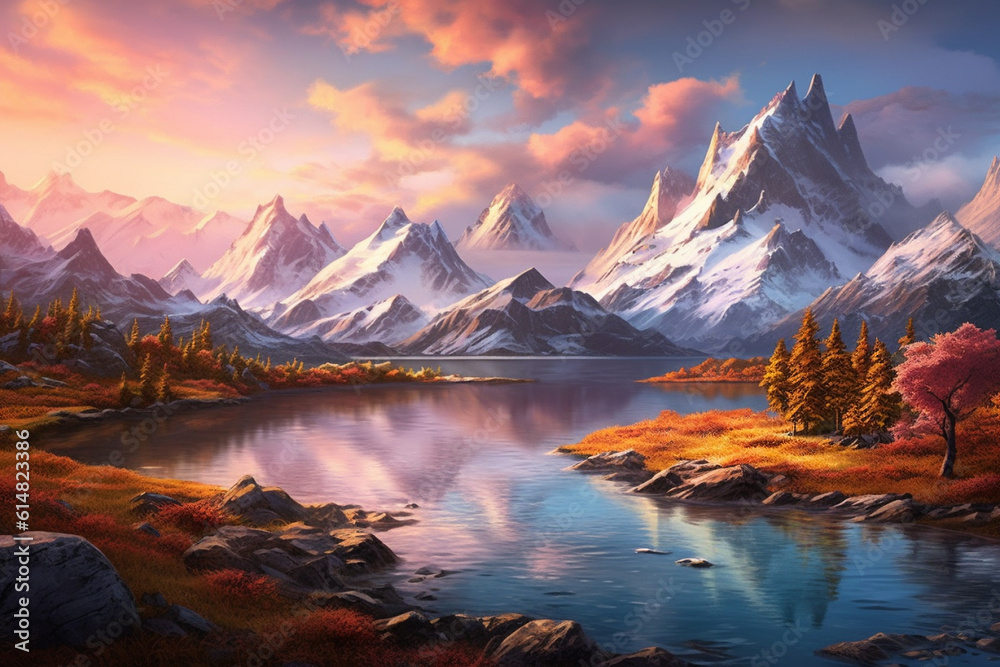  A breathtaking scene of a tranquil landscape featuring majestic mountains and an awe inspiring sunset, creating a sense of peace and beauty. Ai generated