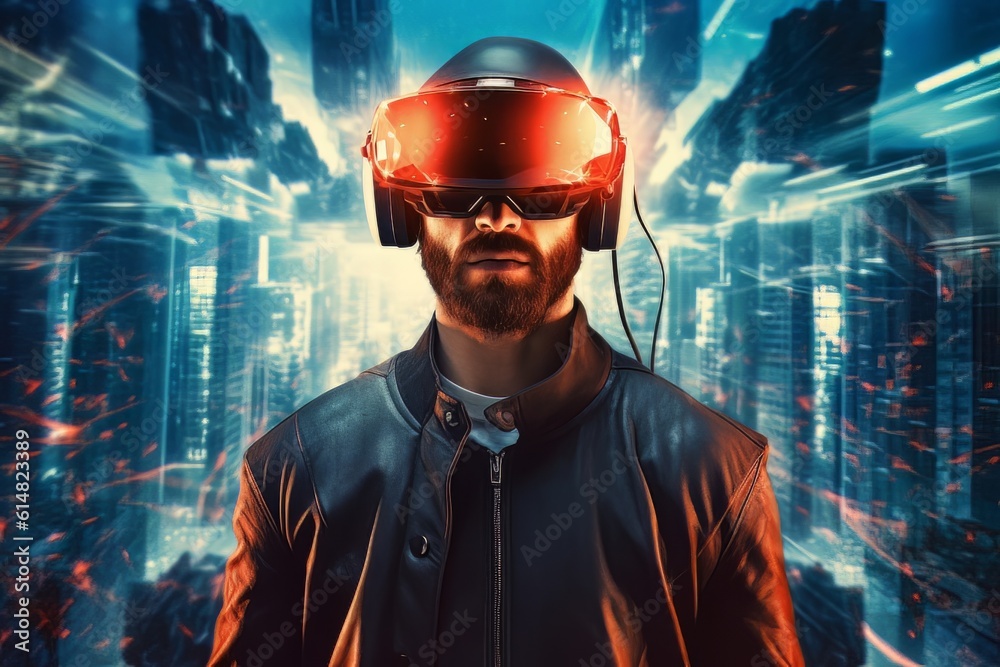 Modern man face in virtual reality glasses isolated on neon background AI Modern man face in virtual reality glasses isolated on neon background AI
