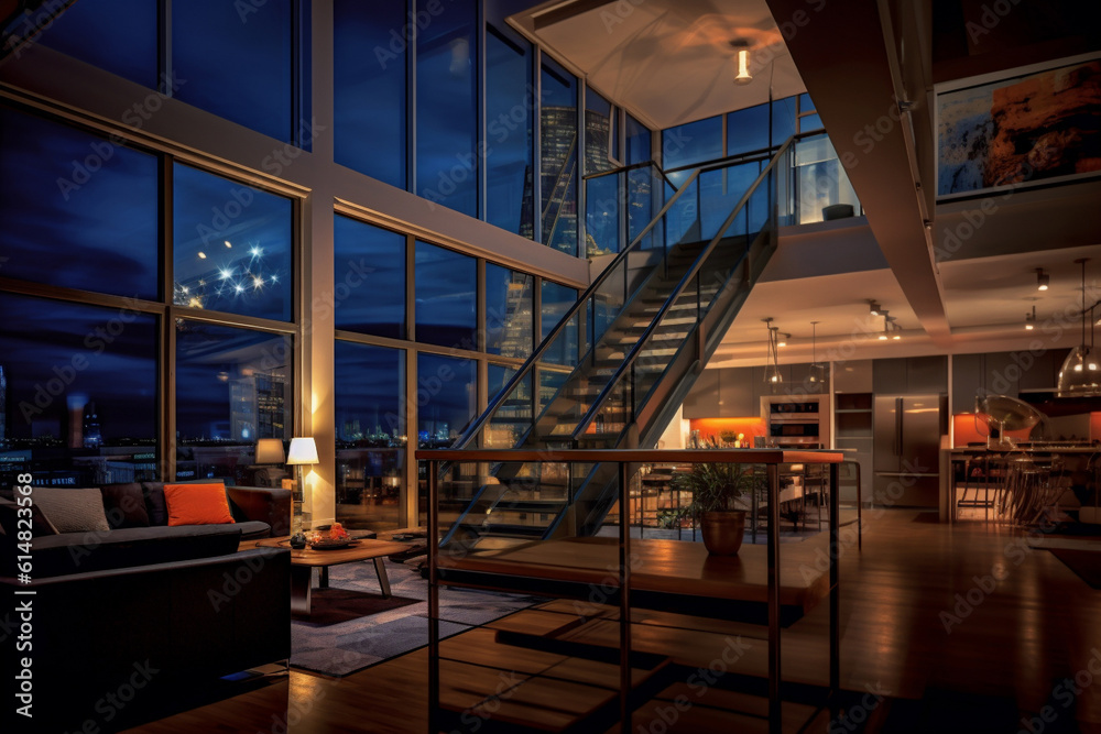 Obraz premium Loft living room with large window, elegant luxury modern home with large windows night lights