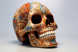 Typical Mexican skull with flowers painted on white background. Dia de los muertos.