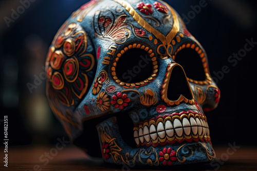 Typical Mexican skull with flowers painted on black background. Dia de los muertos.