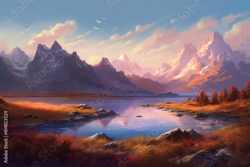  A breathtaking scene of a tranquil landscape featuring majestic mountains and an awe inspiring sunset  creating a sense of peace and beauty. Ai generated