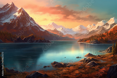  A breathtaking scene of a tranquil landscape featuring majestic mountains and an awe inspiring sunset, creating a sense of peace and beauty. Ai generated