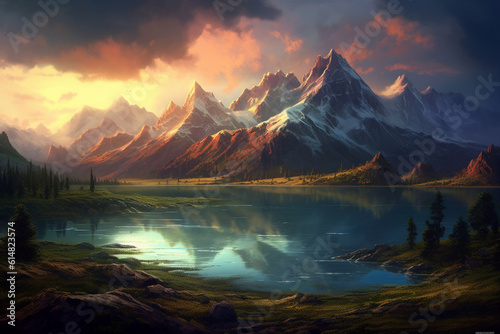  A breathtaking scene of a tranquil landscape featuring majestic mountains and an awe inspiring sunset, creating a sense of peace and beauty. Ai generated