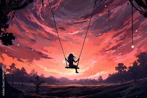A girl sits on a swing under the gentle glow of a crescent full moon.